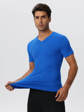 Men's V Neck Compression Workout Shirts Nylon High Elastic Quick Dry Moisture Wicking Athletic Running Sports Tee