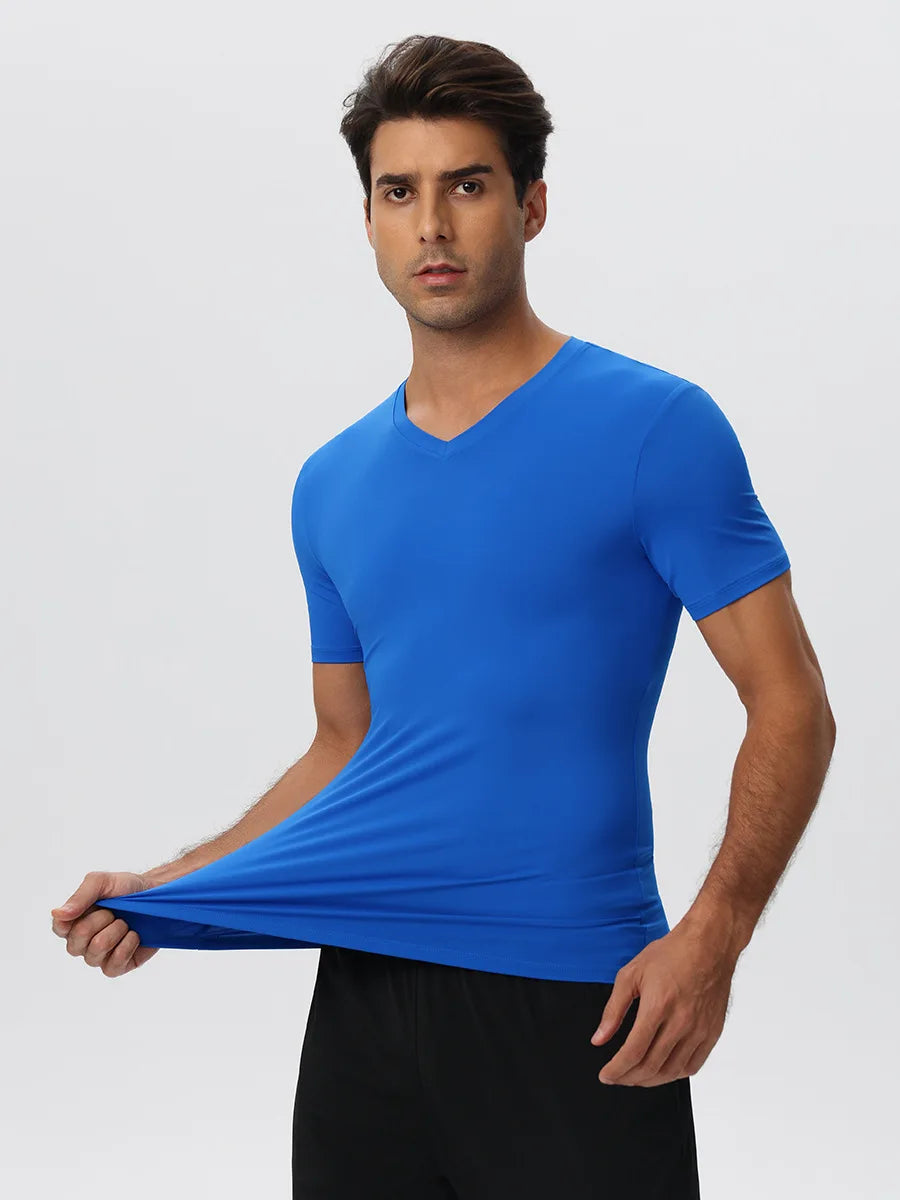 Men's V Neck Compression Workout Shirts Nylon High Elastic Quick Dry Moisture Wicking Athletic Running Sports Tee