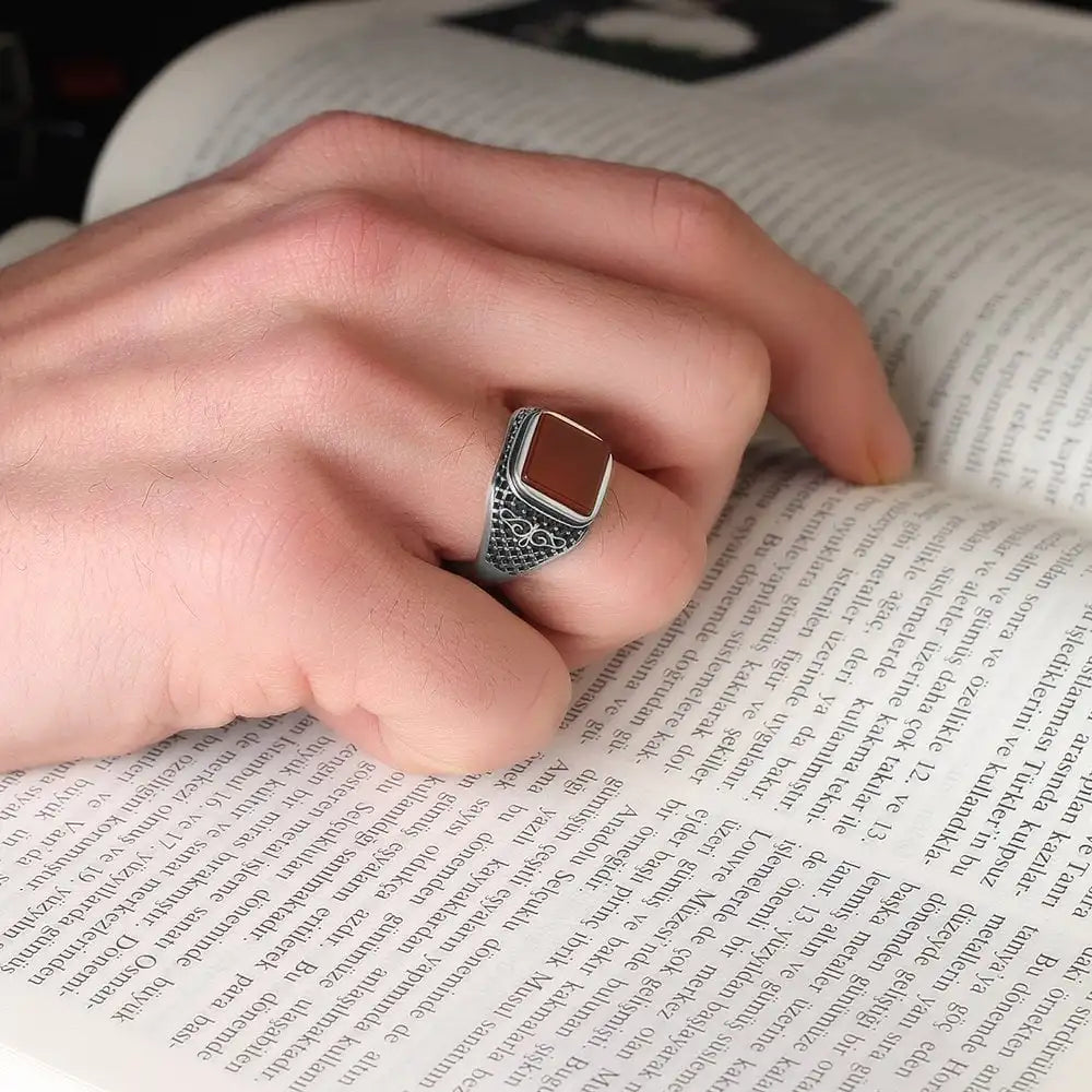 Turkish 925 Sterling Silver Men's Ring Ottoman Style Jewelry From Turkey Natural Agate Stone Fine Rings Azuris VALKH1232