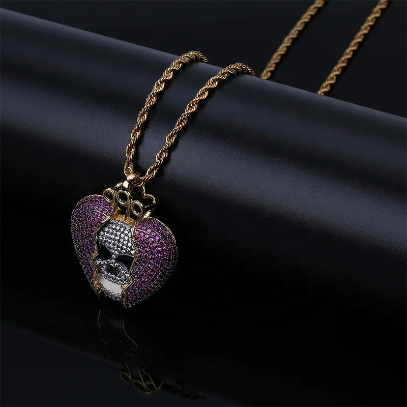 Ice Cubic Zirconia Brass Broken Heart Skull Pendant Necklace Gold Plated Rope Chain Men Women Hip Hop Skeleton Charm Rapper Punk
