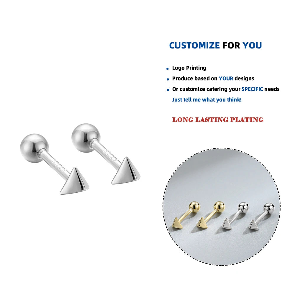 LE133 925 Sterling Silver Tiny Triangular Pyramid Minimalist Vintage Fashion Fine Jewelry Gold Plated Screw Back Earring Women