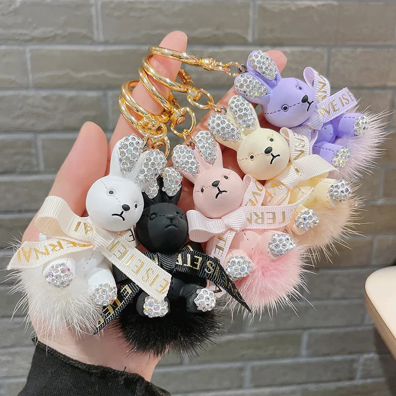 HOT Cute Rabbit KeyChains Bunny Key Ring for Purse Handbag Car Charm Pendant Kids Women Crystal Rabbit Key Chain Bling Accessory