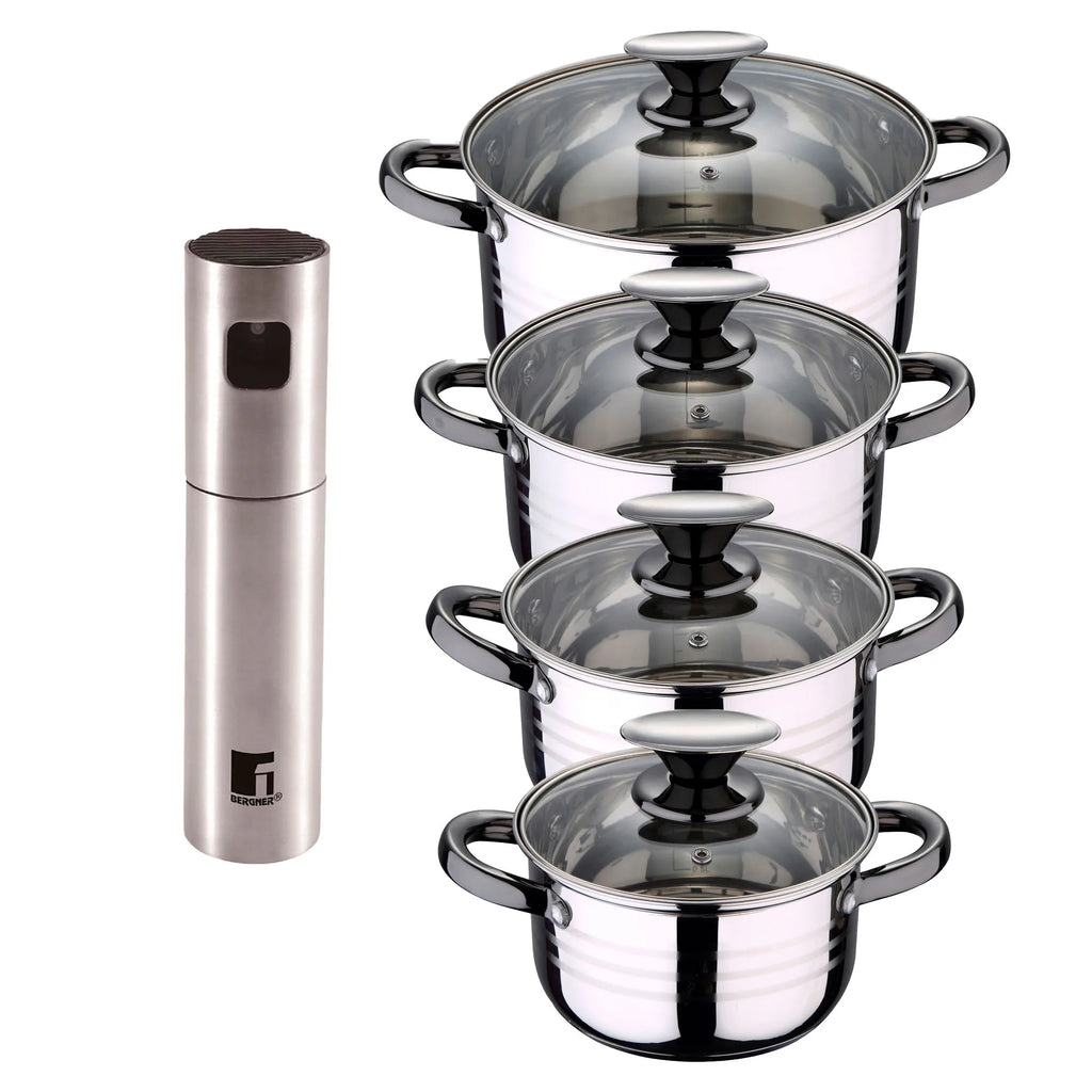 8-piece stainless steel cookware set suitable for induction cooktops San Ignacio Premium Collection + Bergner Copper Oil and