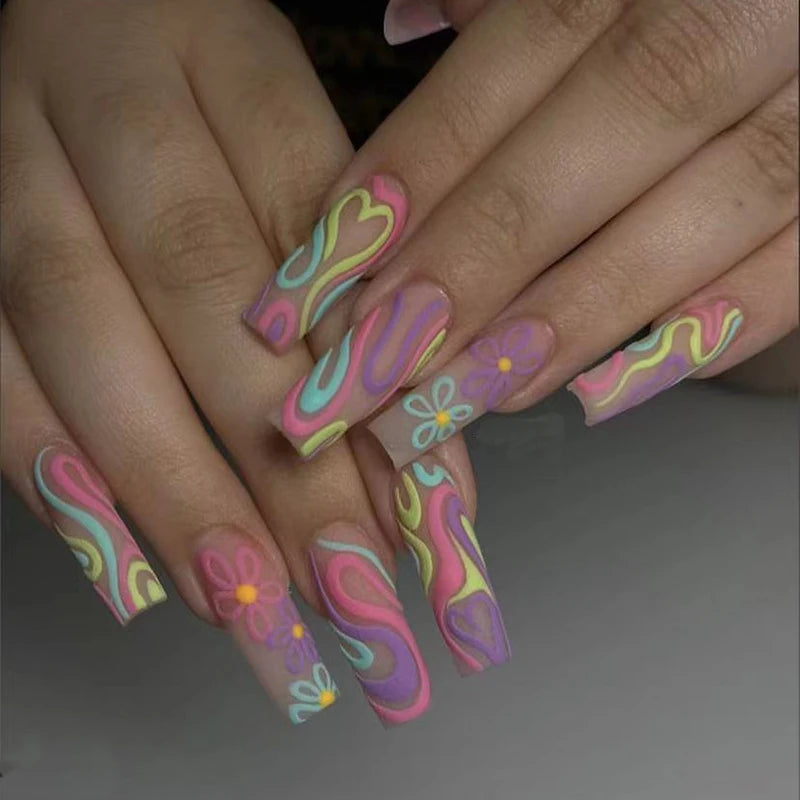 Factory Wholesale 24Pcs ABS Finger Nails Colorful Long Coffin False Nails with Nail Glue Design Style
