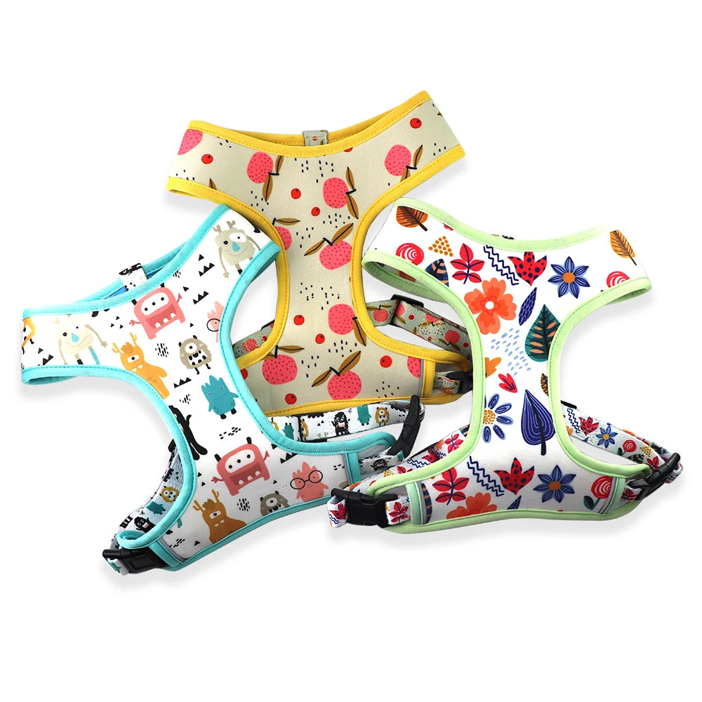 2024 OEM/ODM Personalized Colorful Pattern Luxury Custom Design Print Reversible Soft Pet Collars Leashes Dog Harnesses Set
