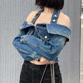 Korean Version Retro off Shoulder Design Denim Jacket Women's Light Mature Long Sleeved Casual Jacket Spring Autumn New Styles