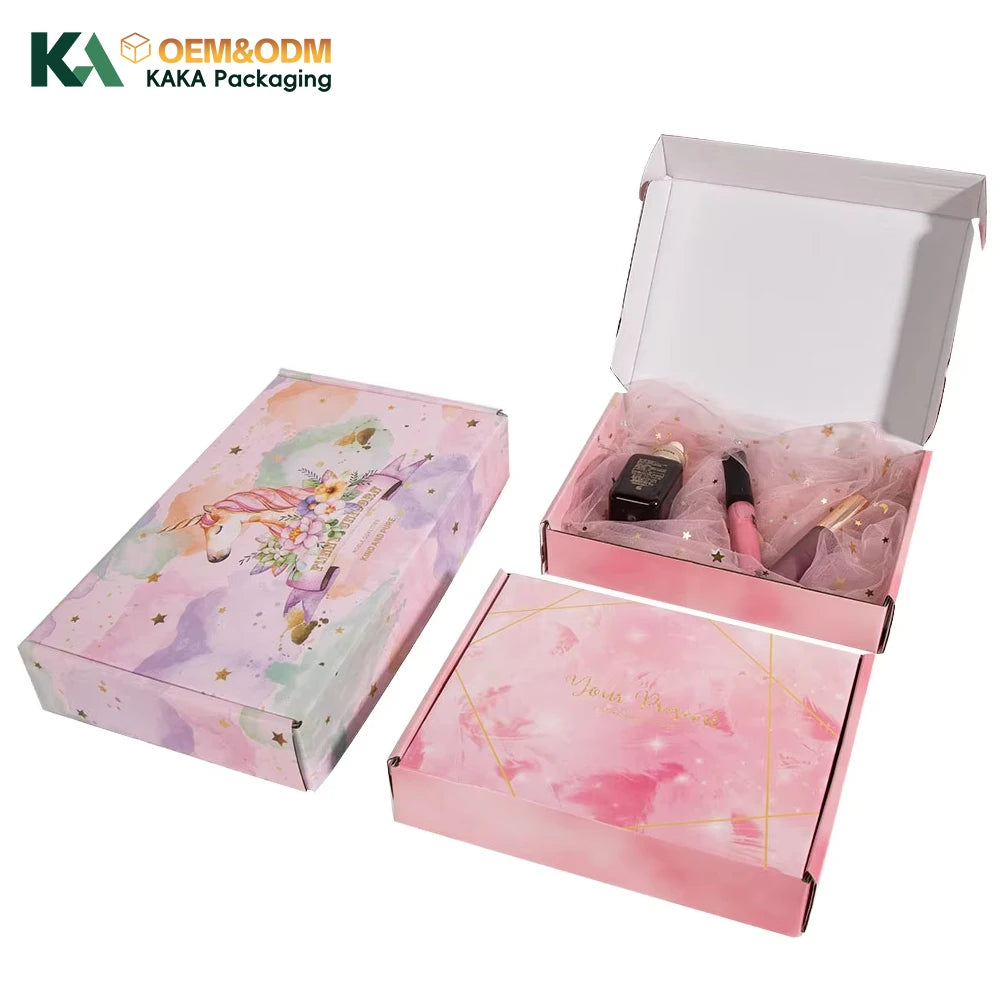 KAKA Custom Logo Printed Pink Corrugated Mailer Box Shipping Packaging Kraft Boxes for Cosmetic Gift Subscription