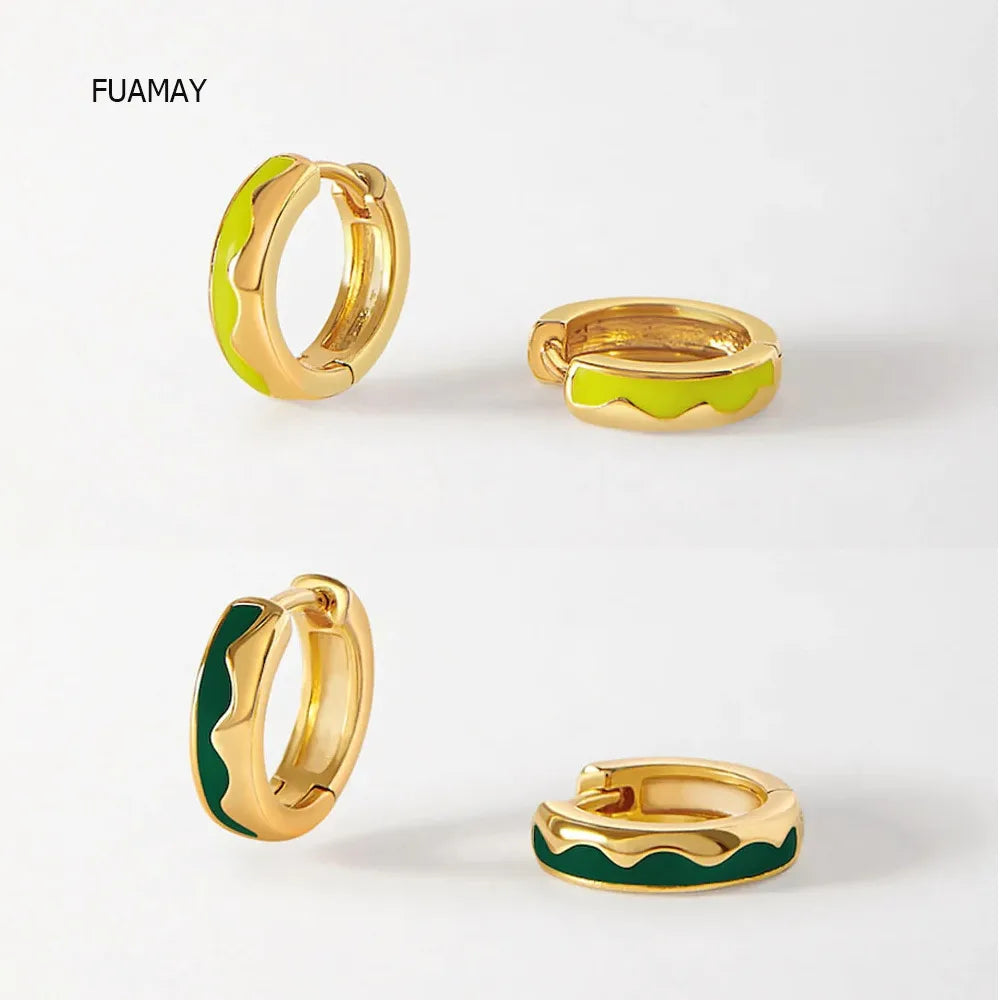 FUAMAY Trendy Lime Green Huggie Earrings Custom Enamel Small Wave Gold Plating Zircon Elegant Women's Earrings for Party Gift