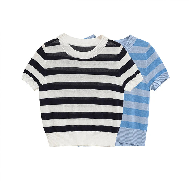 ZATRHMBM Summer Women's Wear 2025 New Fashion Knitted Striped Top Retro Round Neck Short Sleeve Casual Women's Sweater