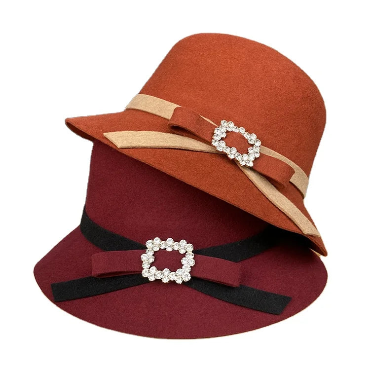 Fashion Chic Ladies Elegant Wool Felt Bowler Hat Women Rhinestone Buckle Formal Hats Dress Hats for Women