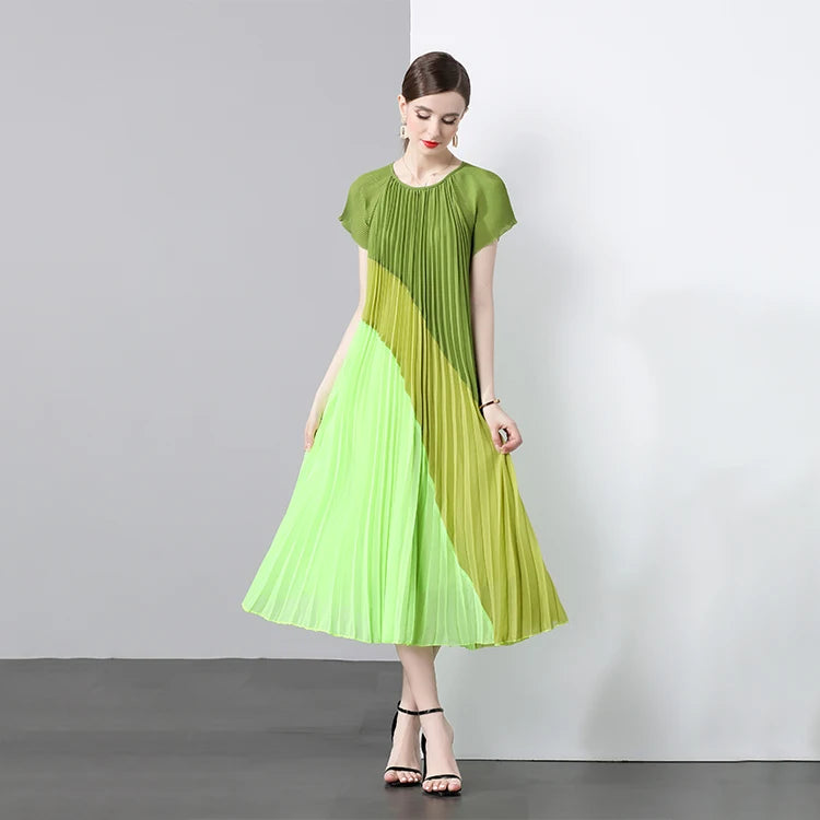Women Clothing Dress Summer Vintage O-Neck Slim Pleated Midi Dress for Women Short Sleeve Empire Shift Lace Dress Purple Yellow
