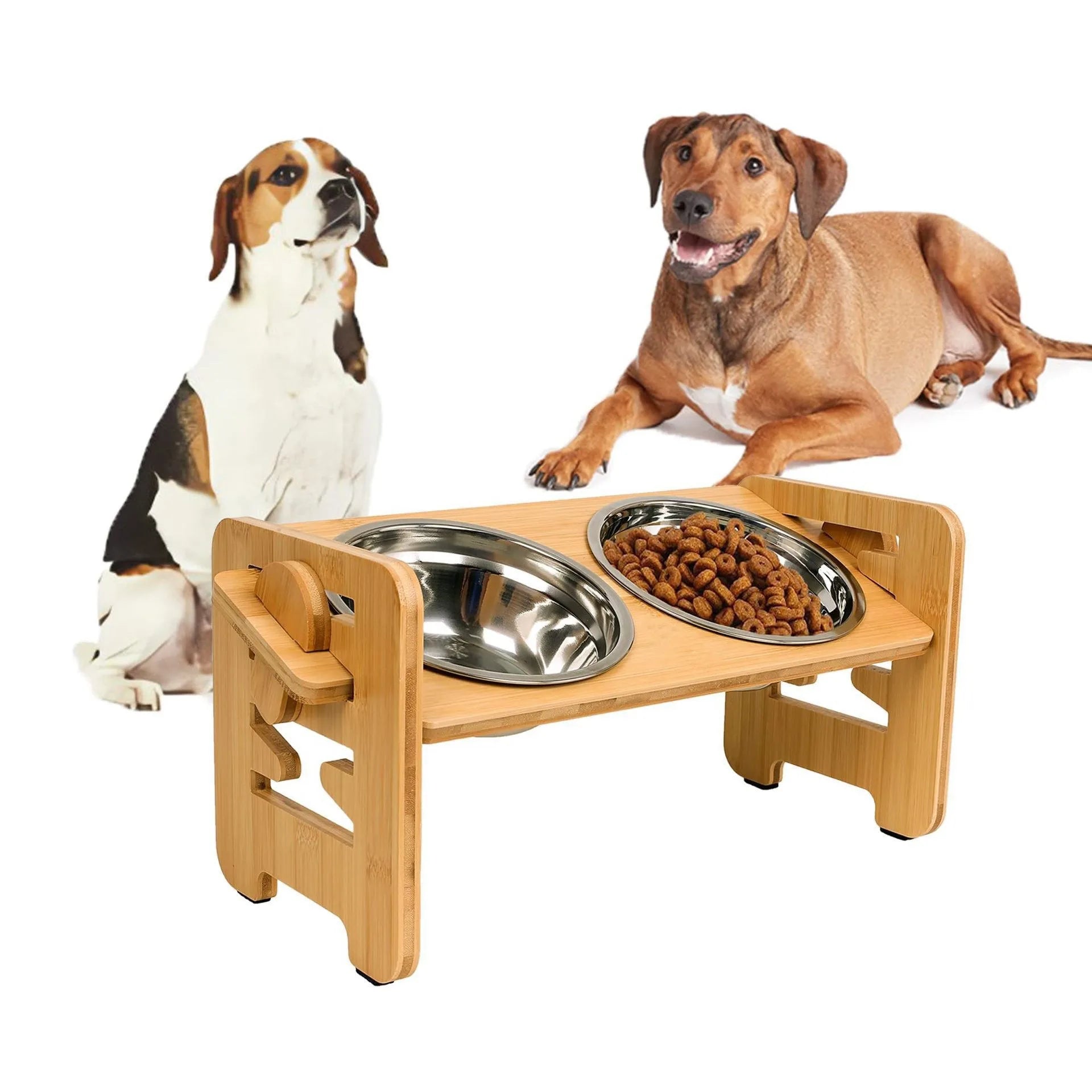 Modern Eco-Friendly Rectangle Stainless Steel Pet Bowls with Simple Bamboo Stand Non- Feet & Solid Pattern for Cats and Dogs