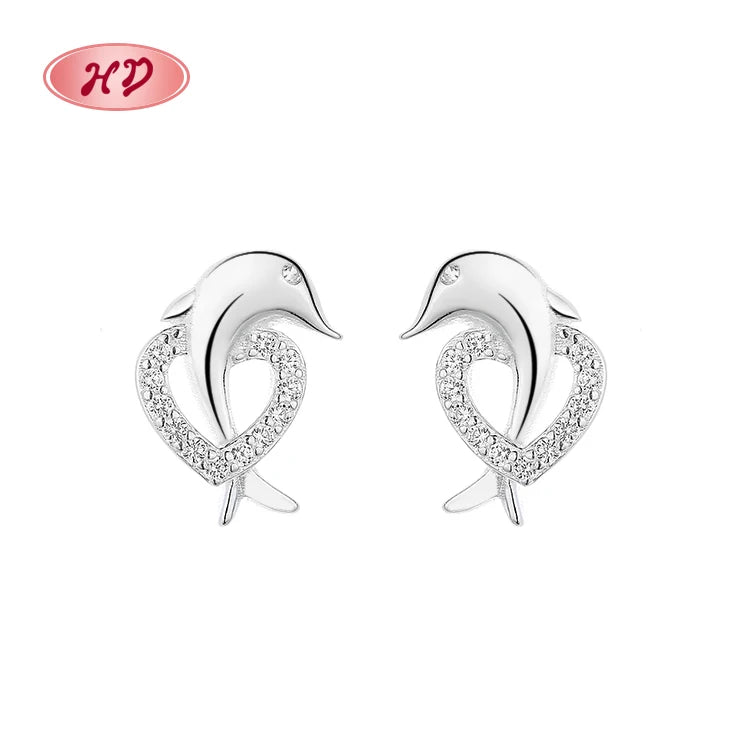 Luxury Cute Women Aaa Cubic Zirconia Party Dolphin Heart Shape 925 Sterling Silver Stud Earrings for Girls