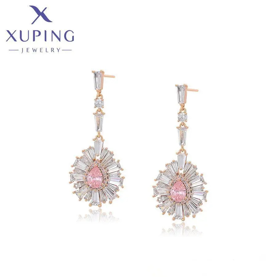 X000723704 XUPING 18k Gold Plated Sunburst Drop Earrings with Pink Crystal & Zircon Fashion Jewelry for Women