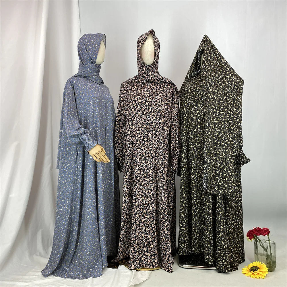 Floral Dress for Muslim Women Hijab & Pockets Hooded Style 3 Colors 5 Sizes