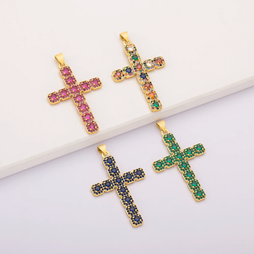 QIKU Wholesale Trendy Bohemian Style Crystal Cross Pendant 18K Gold Plated CZ Copper Charms for Jewelry Necklace Making