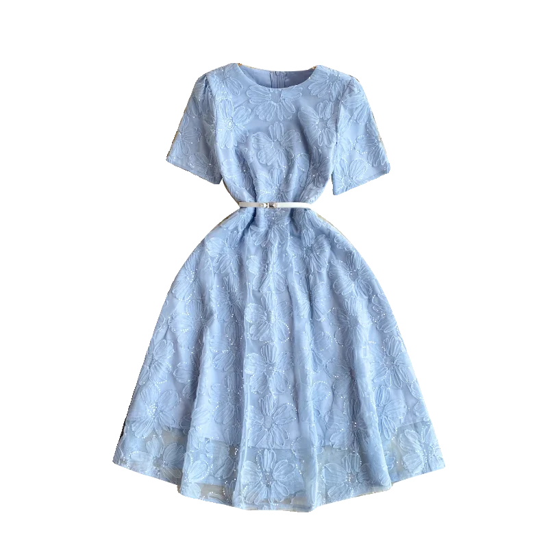 Roman Casual Midi Dress for Women Empire Embroidery Sequined Lace Vestidos