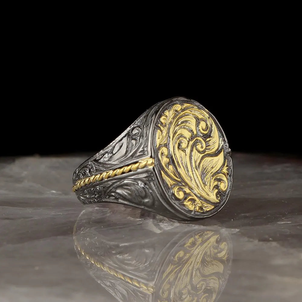 Wholesale 925 Sterling Ottoman Style Men's Ring Bi-Color Rhodium and Gold Model RCEGYT-258 Made in Turkey
