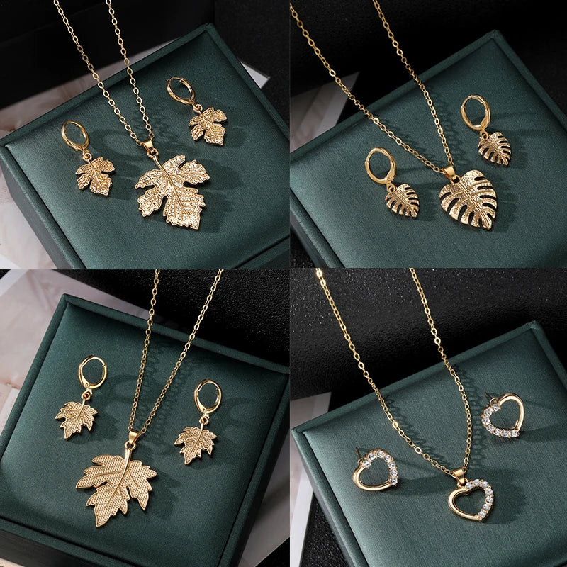 2Pcs/Set Vintage Style Maple Leaf Design Earrings Necklace Jewelry Set for Women Jewelry Wholesale