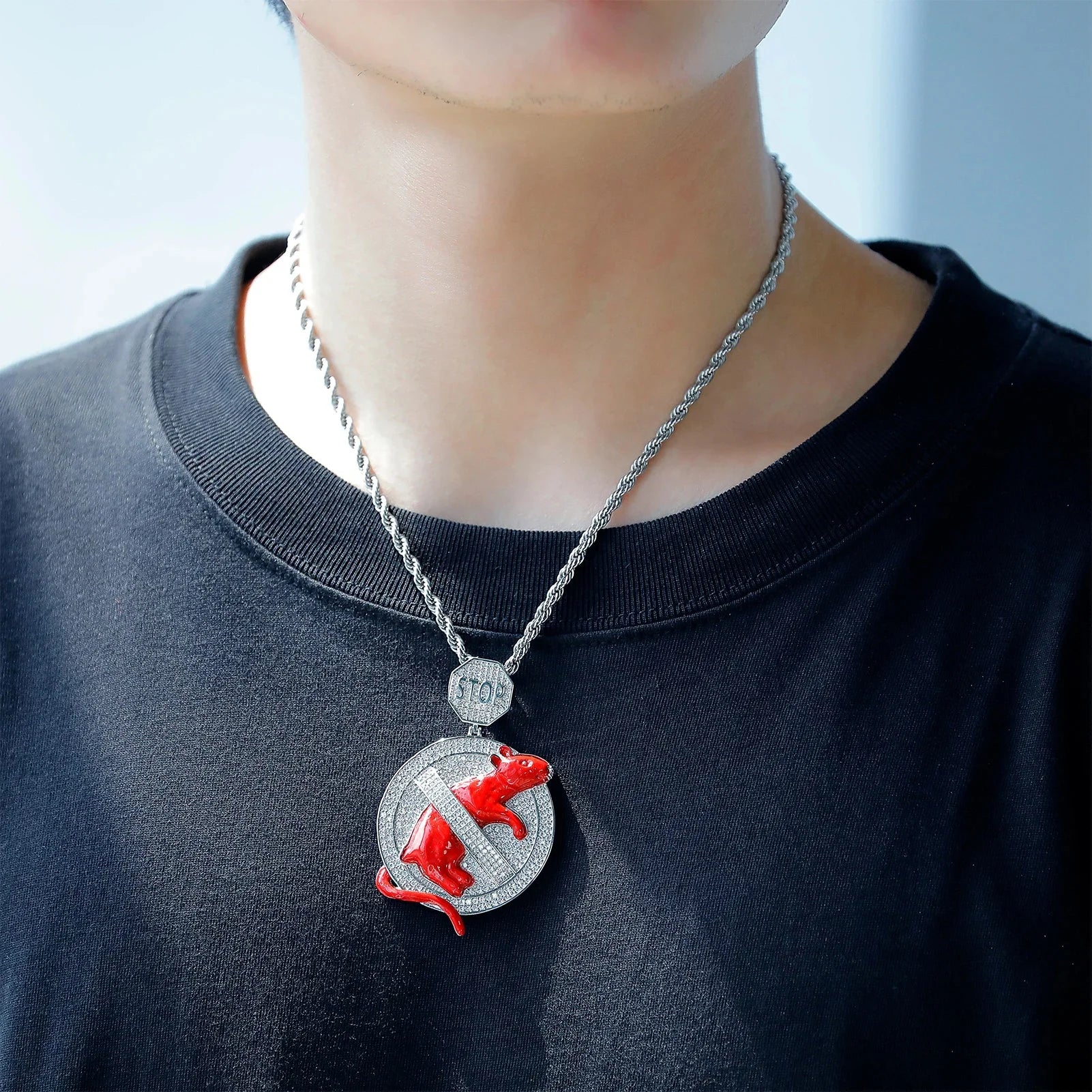 Exquisite Encrusted Pendant with Lab Diamond Rat "STOP" Sign Design Women Men Luxury Statement Jewelry Fashion Forward Necklaces