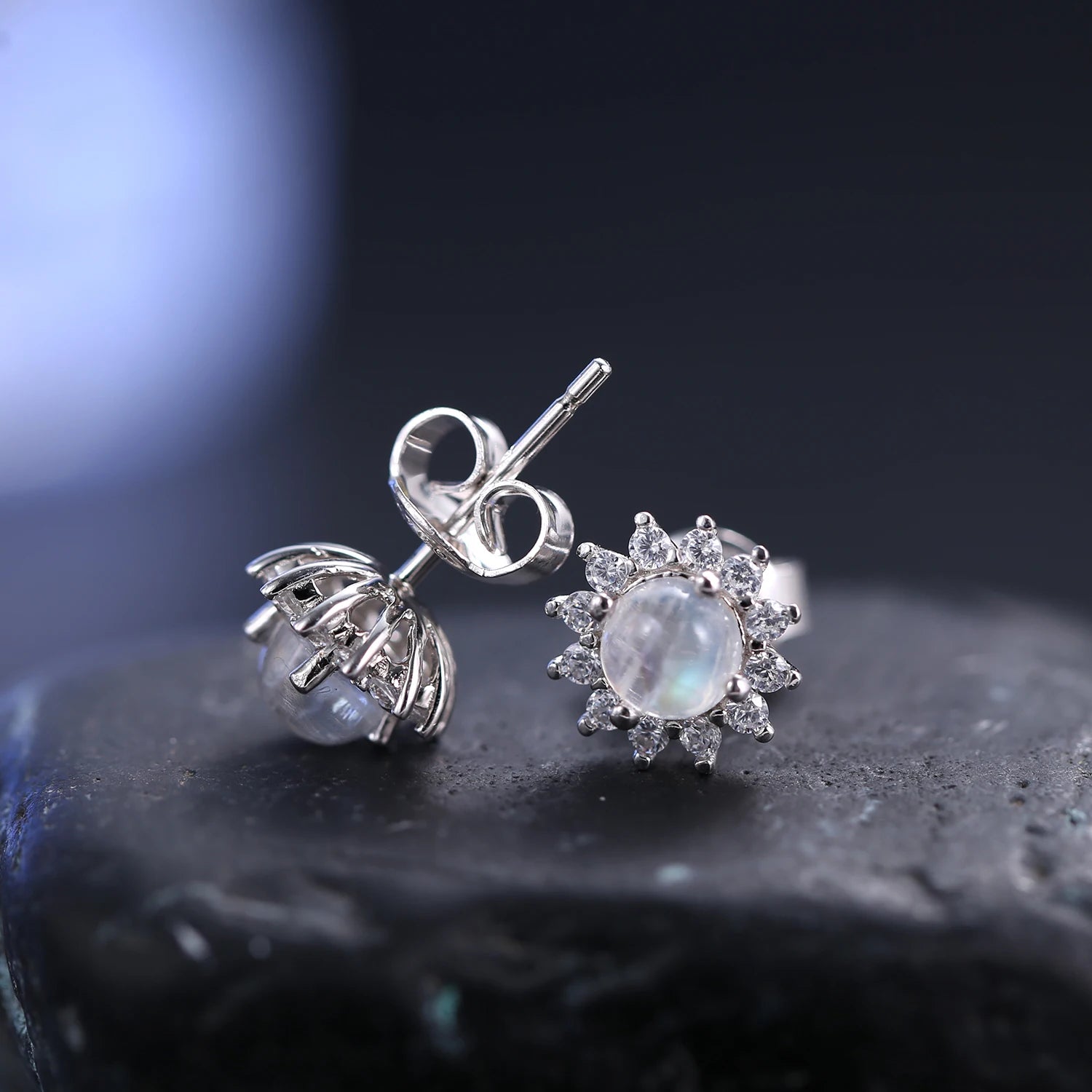 C7199 OEM ODM Custom Made Jewelry Wholesale 925 Sterling Silver Sunflower Stud Women Rainbow Moonstone Earrings