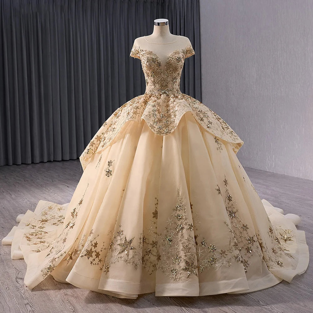 Jancember 241046 Vintage Golden Short Sleeve Ball Gown Evening Party Dresses
