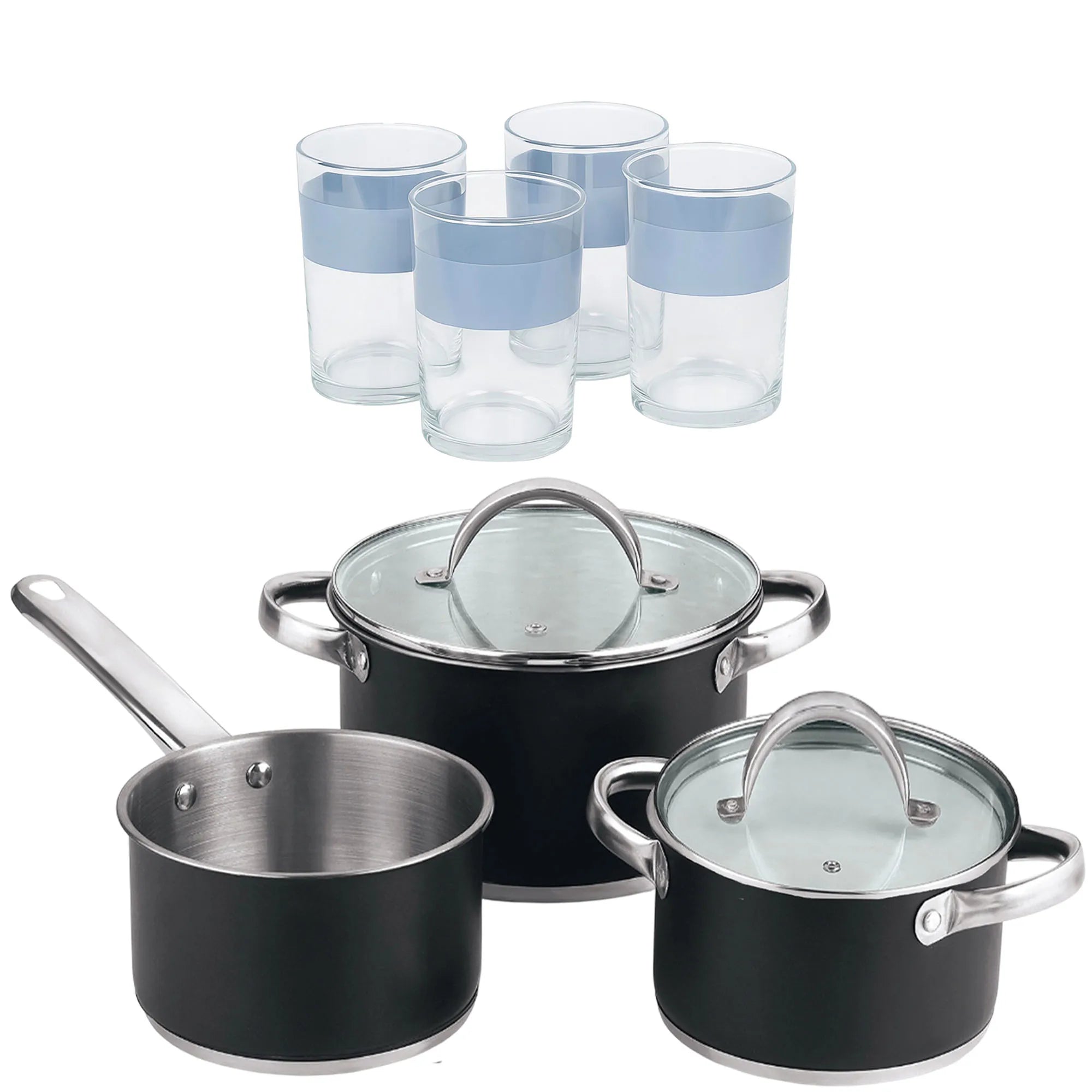 5-piece cookware set (2 saucepans with lids + saucepan) stainless steel with coating + Set of 4 x 0.5L glasses NOIA San Ignacio