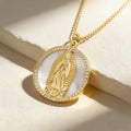 QIKU Trendy Charm Round Virgin Mary Copper Zircon Women Necklace Shell Pendant Religious Pray Micro Pave Jewelry Gift Wholesale
