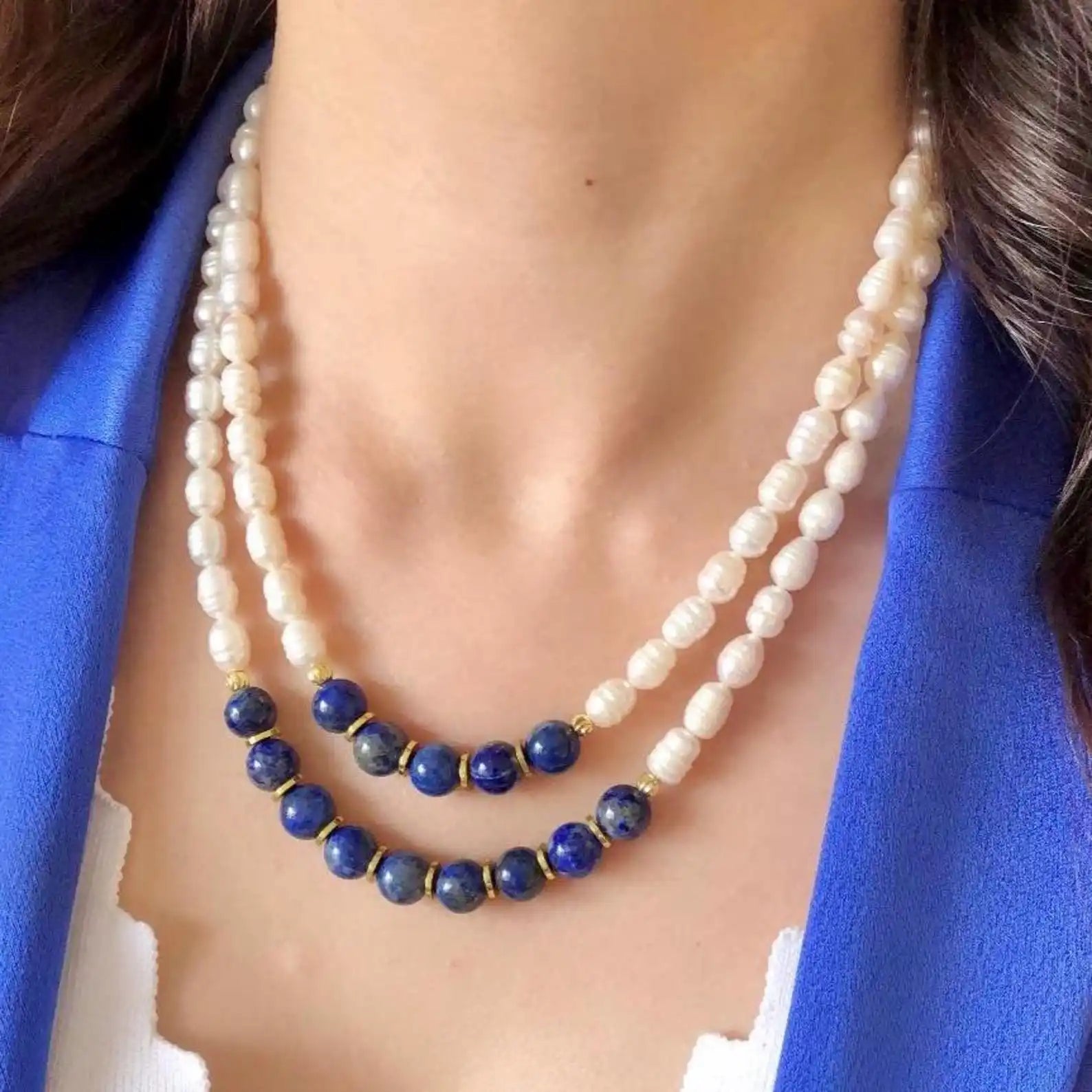Lapis Lazuli Pearl Necklace Navy Blue Gemstone Beaded Wedding Jewelry Statement Handmade Special Occassion Necklace