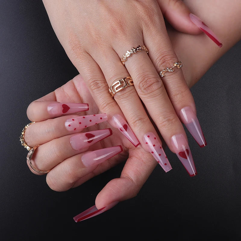 Factory False Nails Press on Wholesale 24Pcs ABS Finger Nails Red Heart Spot Long Ballerina With Nail Glue