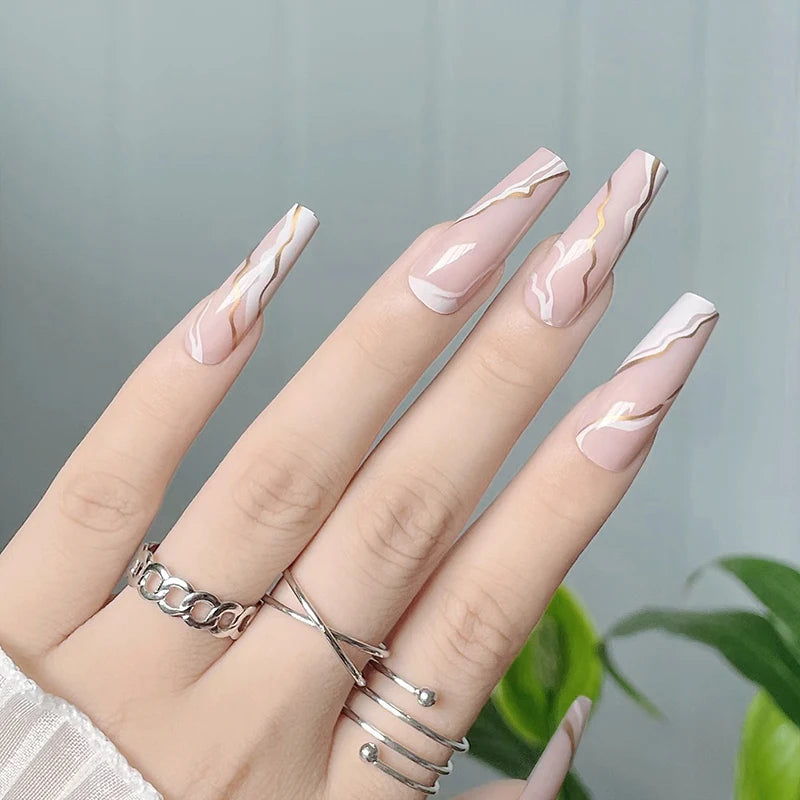 Temooi Press on False Nails 24Pcs ABS Marbling Long Ballerina Full Cover Pre-designed Finger Nails with Custom Logo & OEM/ODM