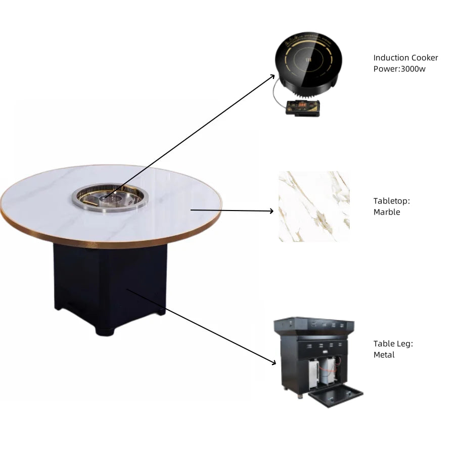 Custom Commercial Marble Smokeless Hot Pot Table With Metal Frame