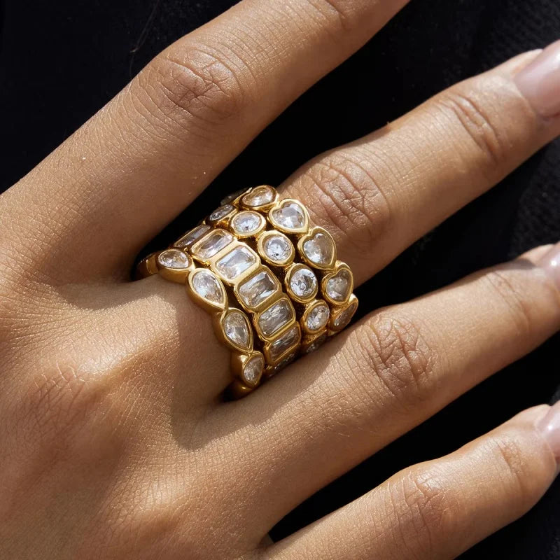 Trendy Elegant Ring 18k Gold Plated Stainless Steel White Cubic Zirconia Ring Square Round Oval Heart Shaped Zircon Ring