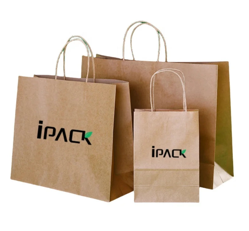 White Brown Kraft Paper Twisted Handle Shopping Carrier Bag with Logo Printed Digital Printing Recycled Materials Pizza & Sushi
