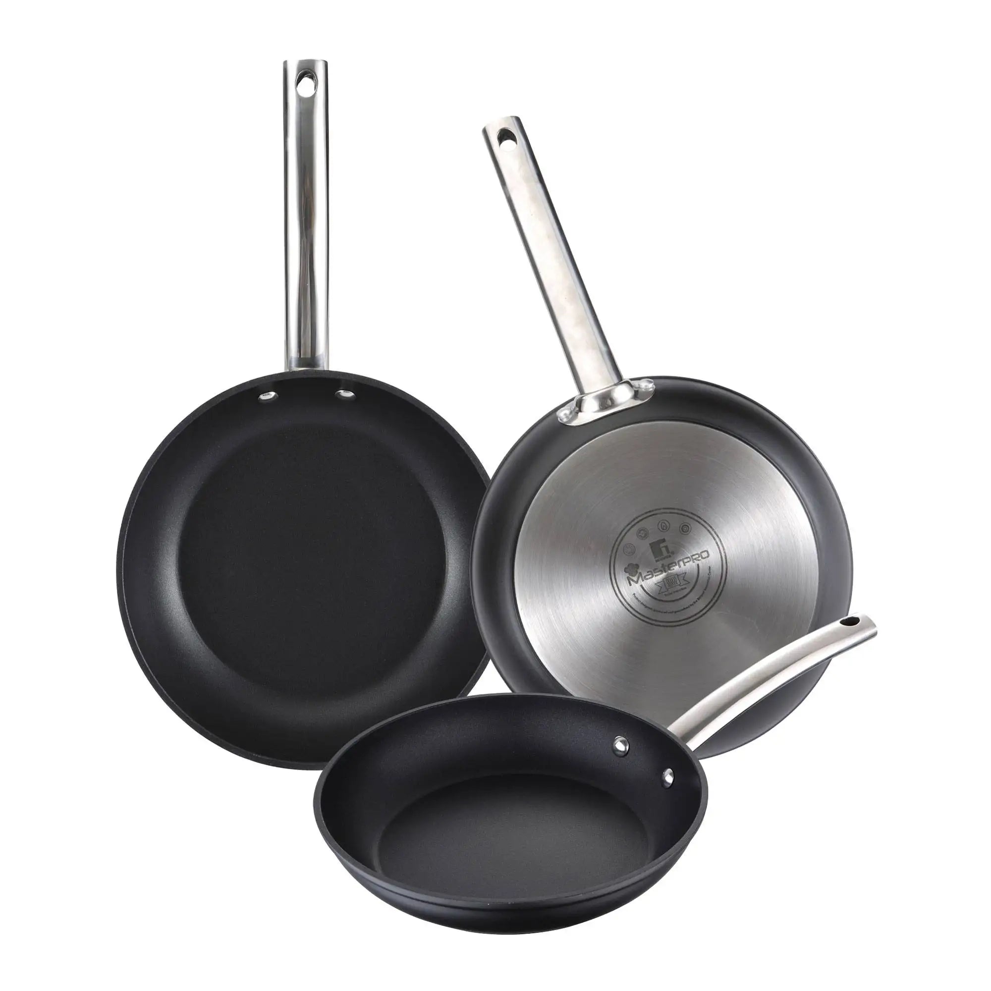 Set of 3 Frying Pans 242830cm in Forged Aluminum suitable for induction Black color FOODIES MasterPRO