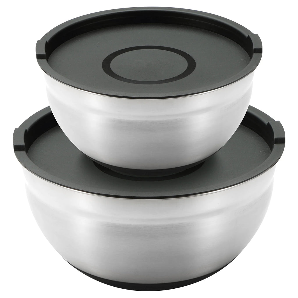 Set of 2 Stainless Steel Bowls 2024cm + 2 Black Lids FOODIES MasterPRO