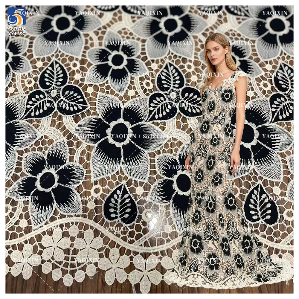 YX1257 2025 New Single-Sided Openwork Two-color Embroidered Fabric 150gsm Chiffon Water-Soluble Lace Fabric Embroidery MegaBDM