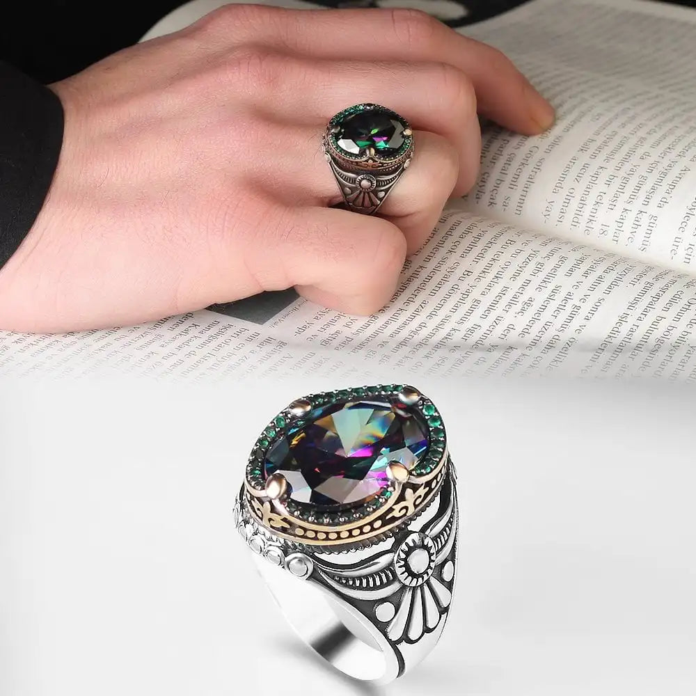 Turkish 925 Sterling Silver Men's Ottoman Style Ring with Natural Agate Stone Azuris VALKH1265