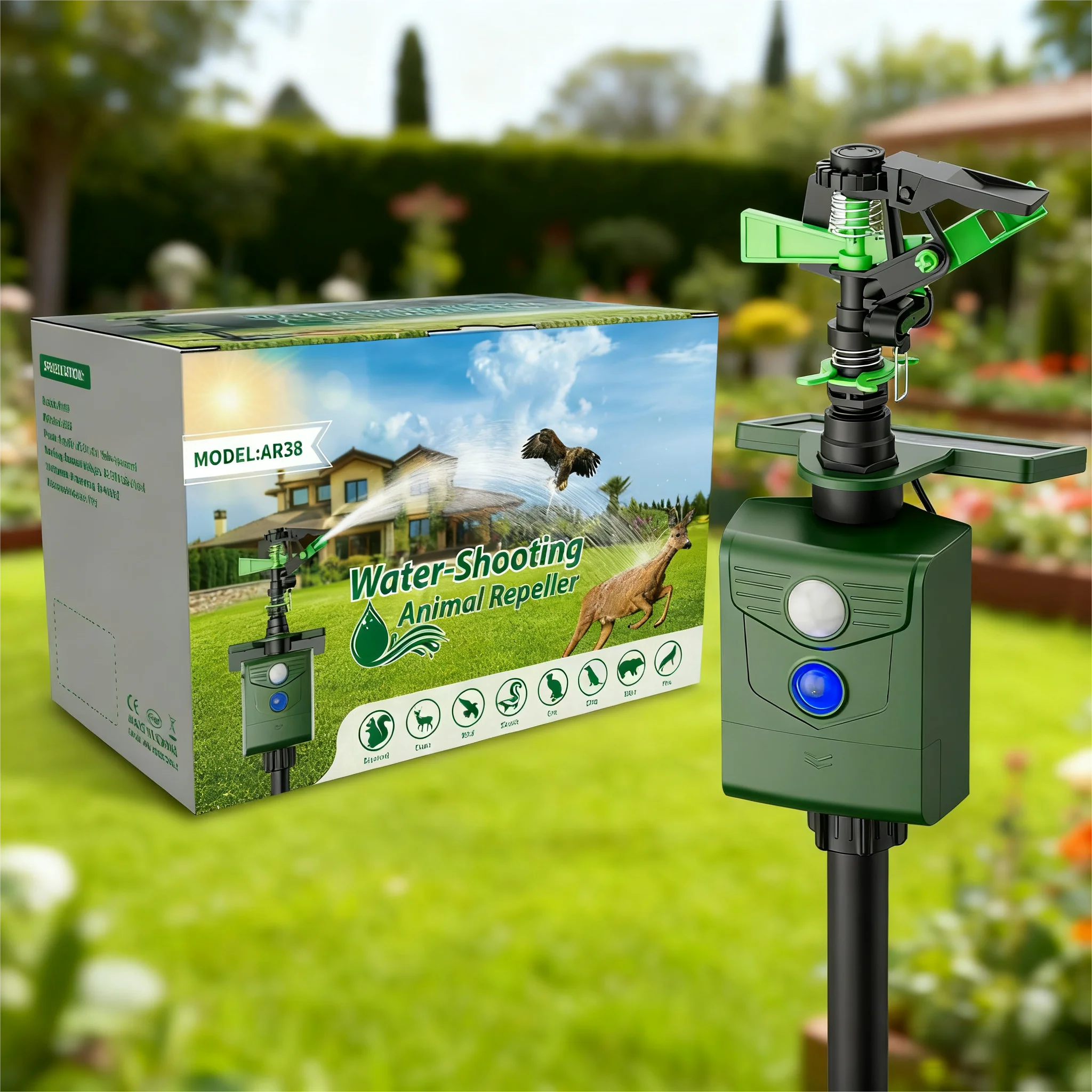 2026 Solar Animal Repeller With PIR Sensor Water Spray and Flashing Light for Garden Yard Farm Protection Solar Animal Repeller