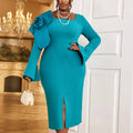Square Collar Long Flare Sleeves Large Flower Women Slim Cocktail Dress
