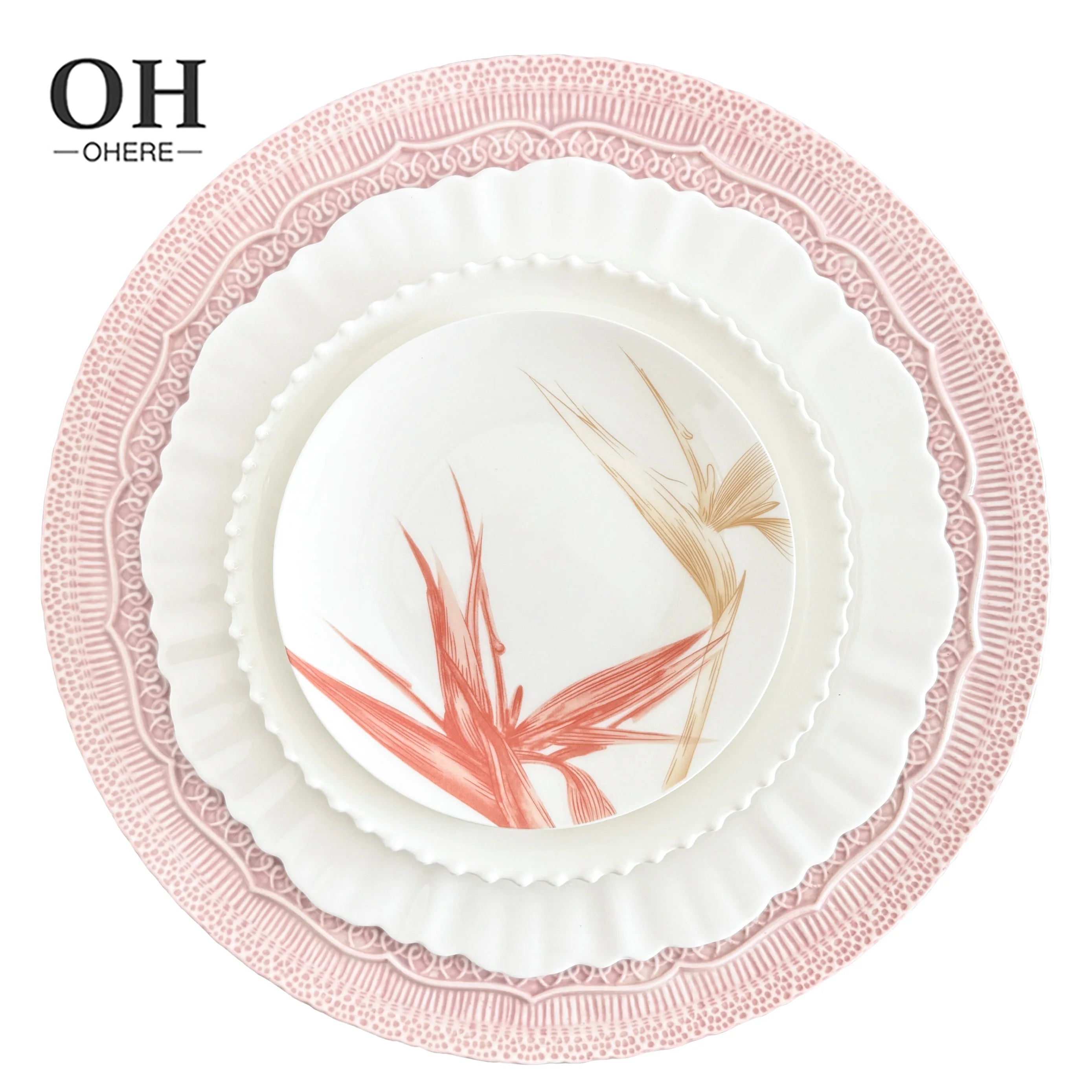 Factory Wholesale Pink Lace Ceramic Plate Tableware Set Microwave and Dishwasher Safe Bone China Floral Ceramic Plates