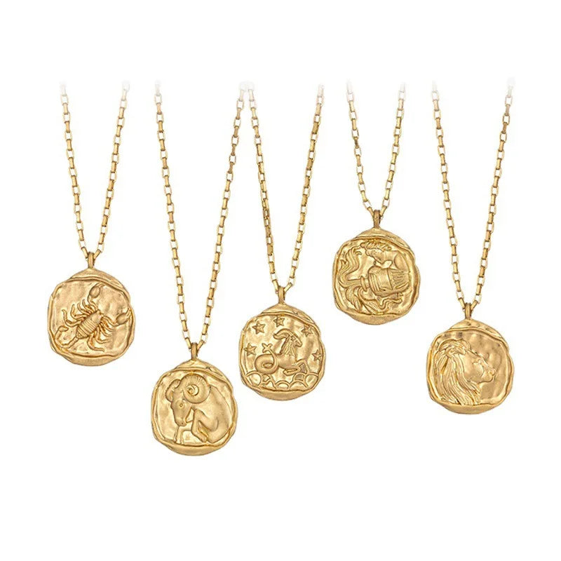 2023 Stainless Steel 12 Zodiac Sign Necklace Zirconia Geometric Round 3D Metal Pendant 18K Real Gold Plated Horoscope Necklaces