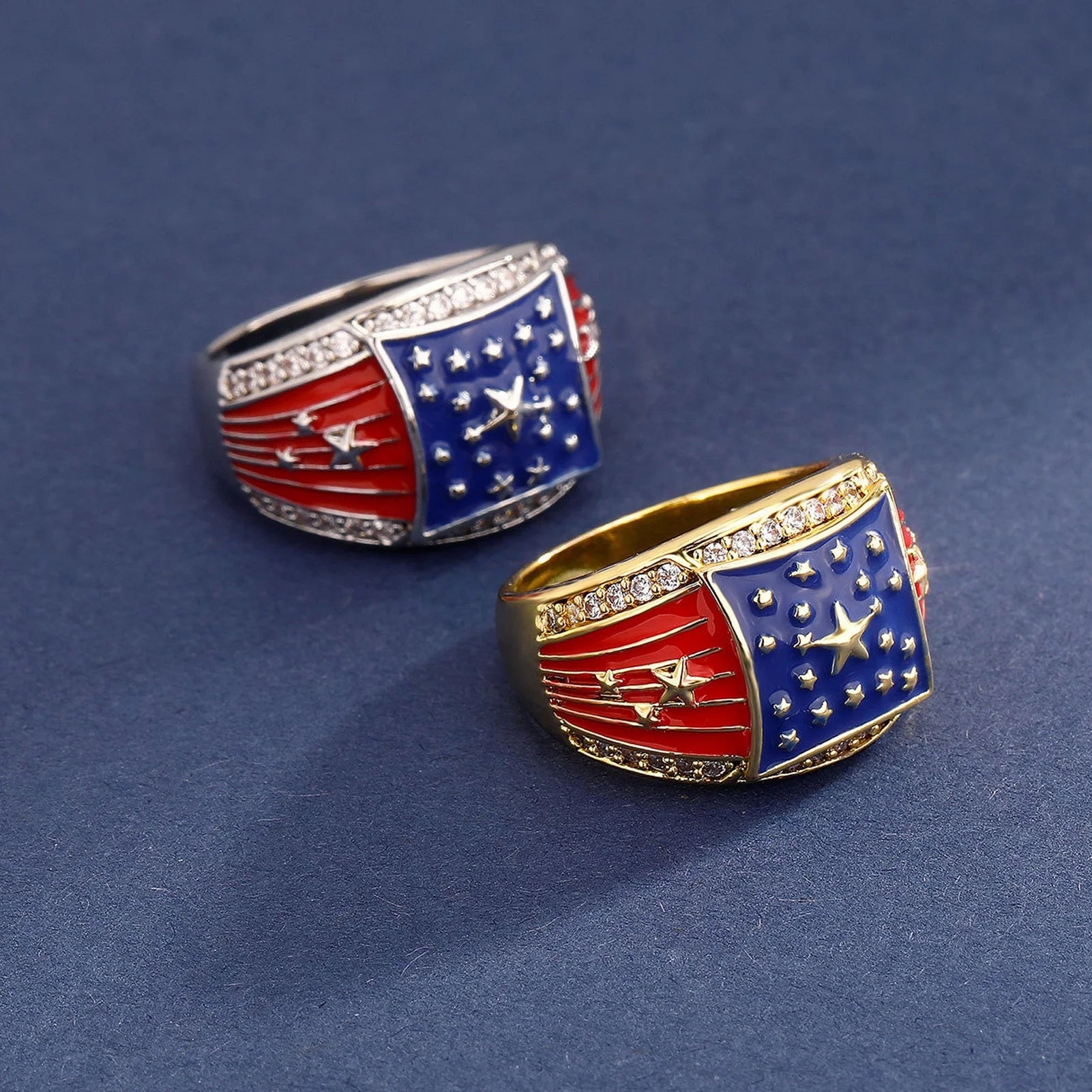 Wholesale Trendy Dripping Oil American Flag Style Rings Iced Out Cubic Zircon Ethnic Jewelry Silver Gold Color USA Flag Men Ring