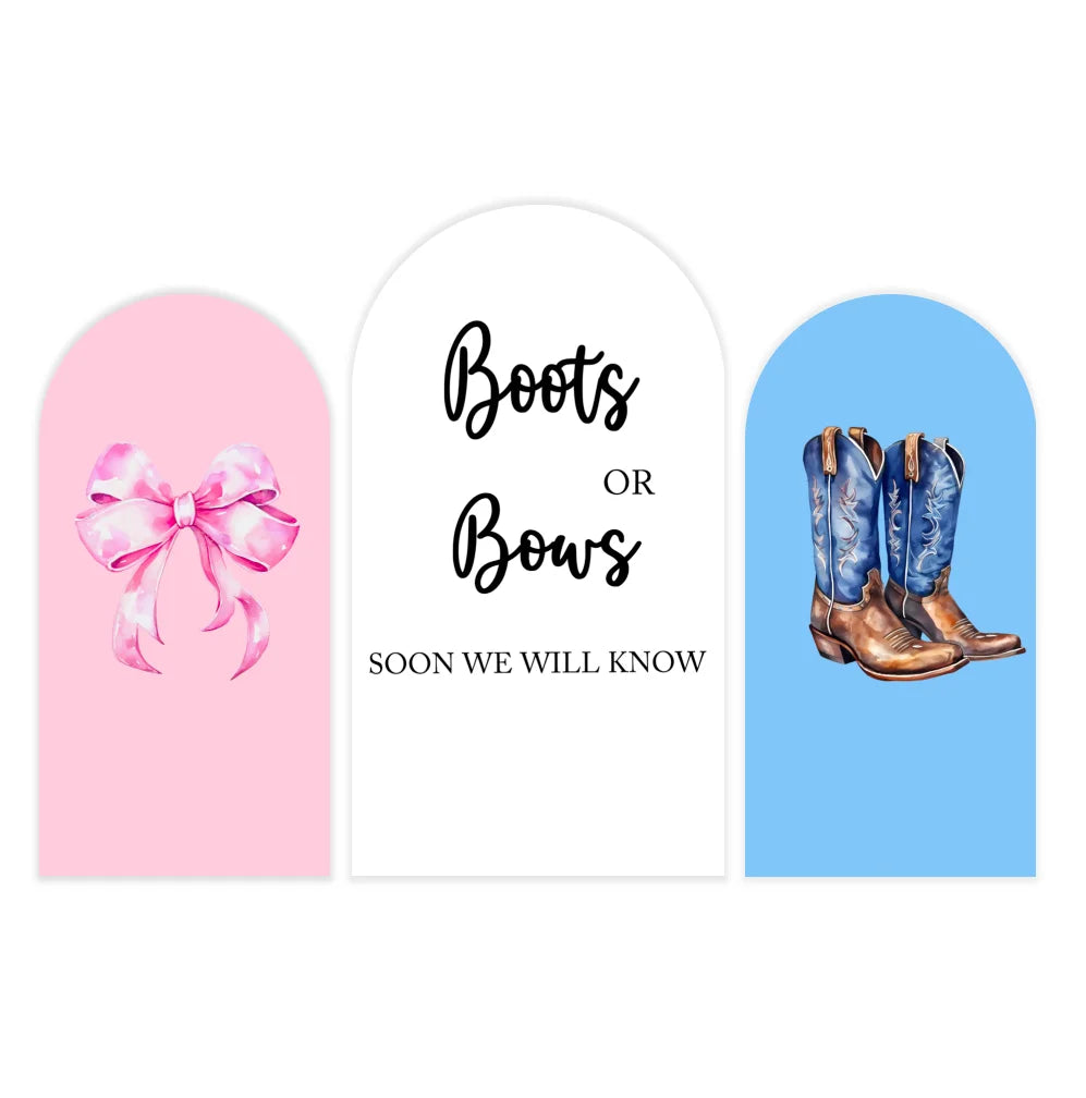 Boots or Bows Gender Reveal Arch Backdrop Cover Bear Balloons Ballooned Boog Photo Booth Backdrop Elastic Fabric Party Decor