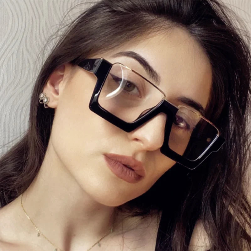 Logo Custom 2025 Fashion Women Big Frame Sunglasses UV400 Square Metal Flat Top Anti Blue Light Eyeglasses Frames