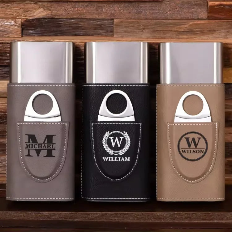 Wholesale Travel Pu Leather Cigar Case High Quality Stainless Steel Colorful Laserable Leatherette Cigar Humidor