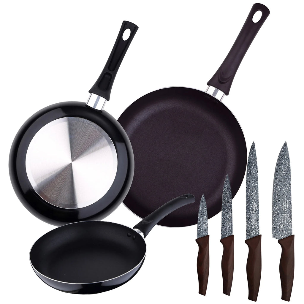 Set of 3 frying pans 20-24-30cm + set of 4 stainless steel knives.