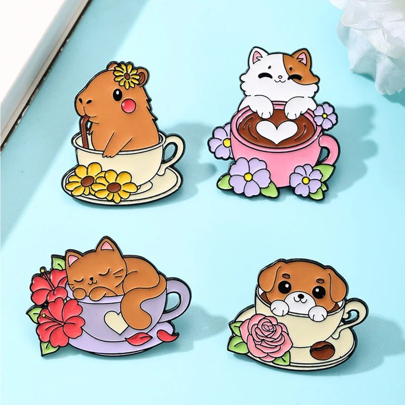 Hot-selling Cute Pin Cartoon Coffee Cup Animal Brooch Japanese-style Soft and Cute Cat Dog Series Enamel Pin for Bag Decoration MegaBDM