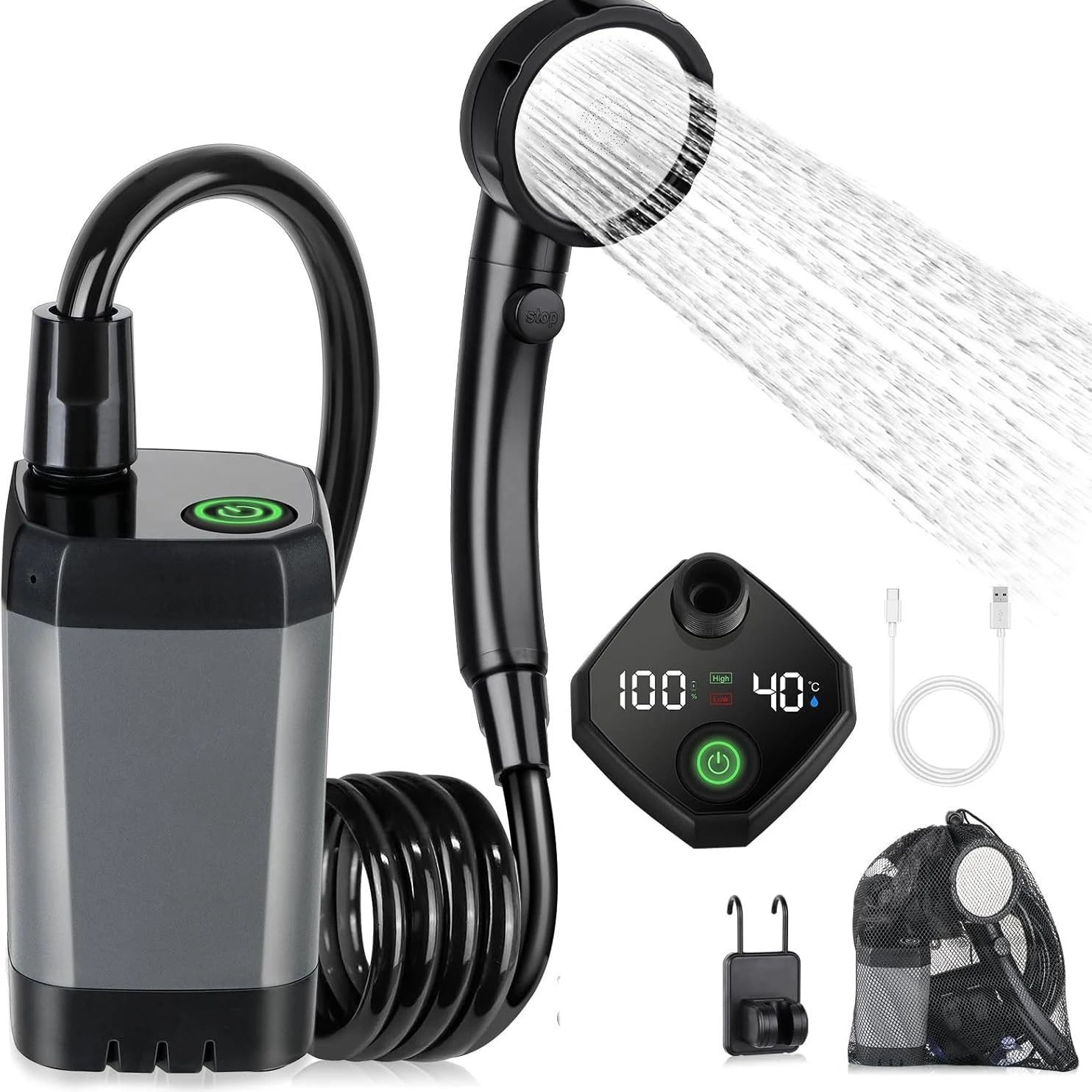 New Design USB Rechargeable 6000mAh Outdoor Portable Pressurized Camping Electric Shower with Carry Bag for Beach
