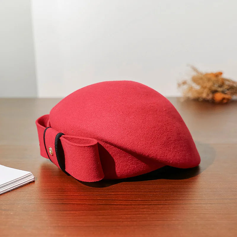 Wholesale 2024 New Fashion Ladies Pillbox Beret Hat Fascinator Wool Felt Veil Hat for Woman Elegant Beret Hat